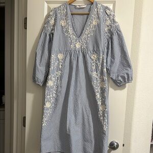 Zara Blue and White Striped Dress with Floral Embroidery